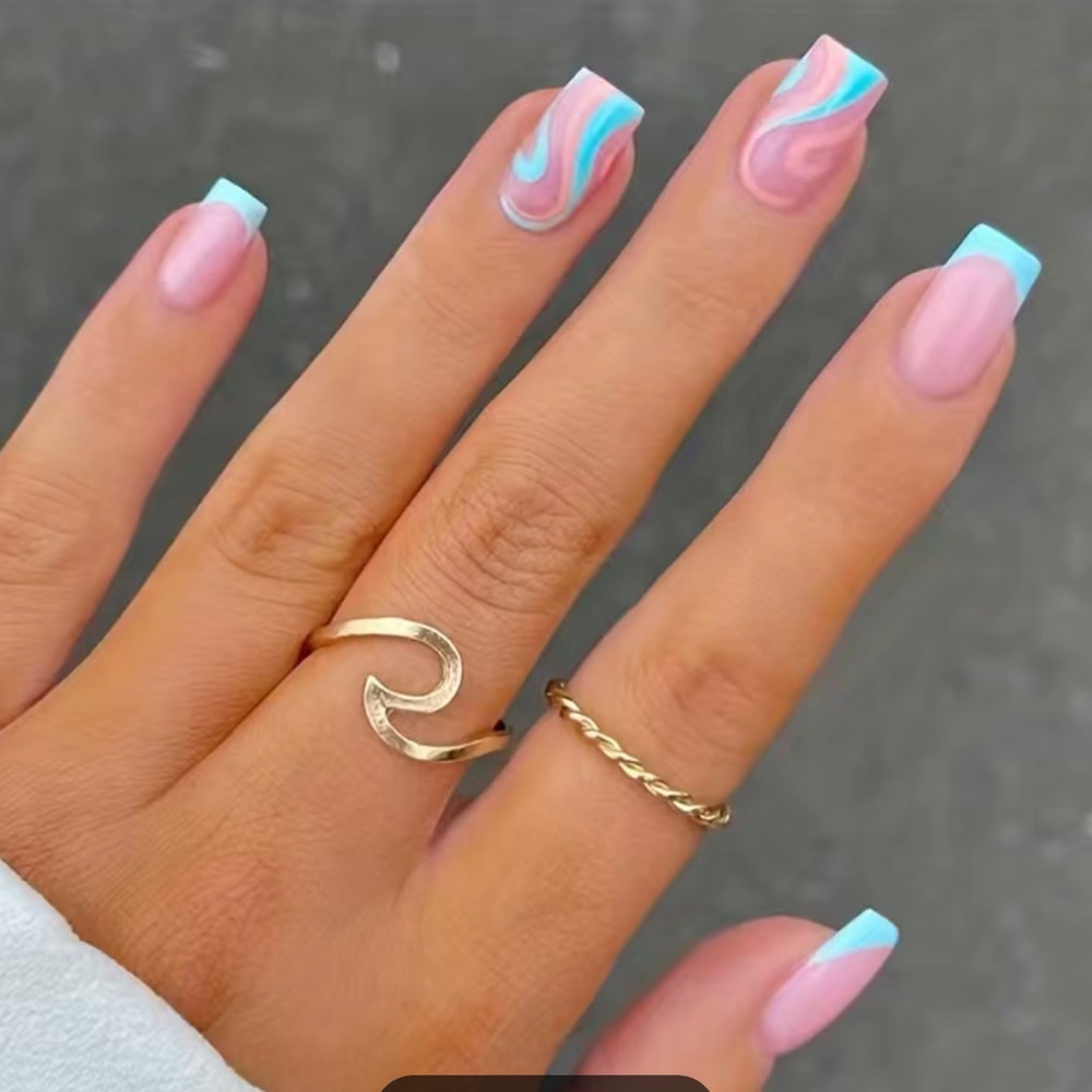 24pcs Glossy Lake Blue Swirl Press On Nails - New